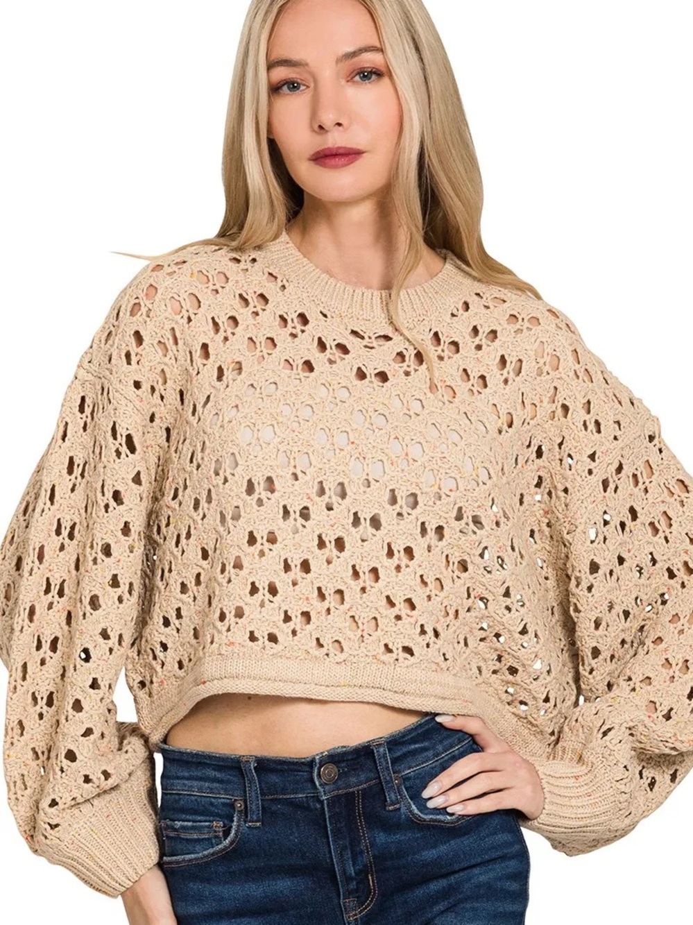 Zenana Outfitters Open-Weave Crewneck Sweater in Beige